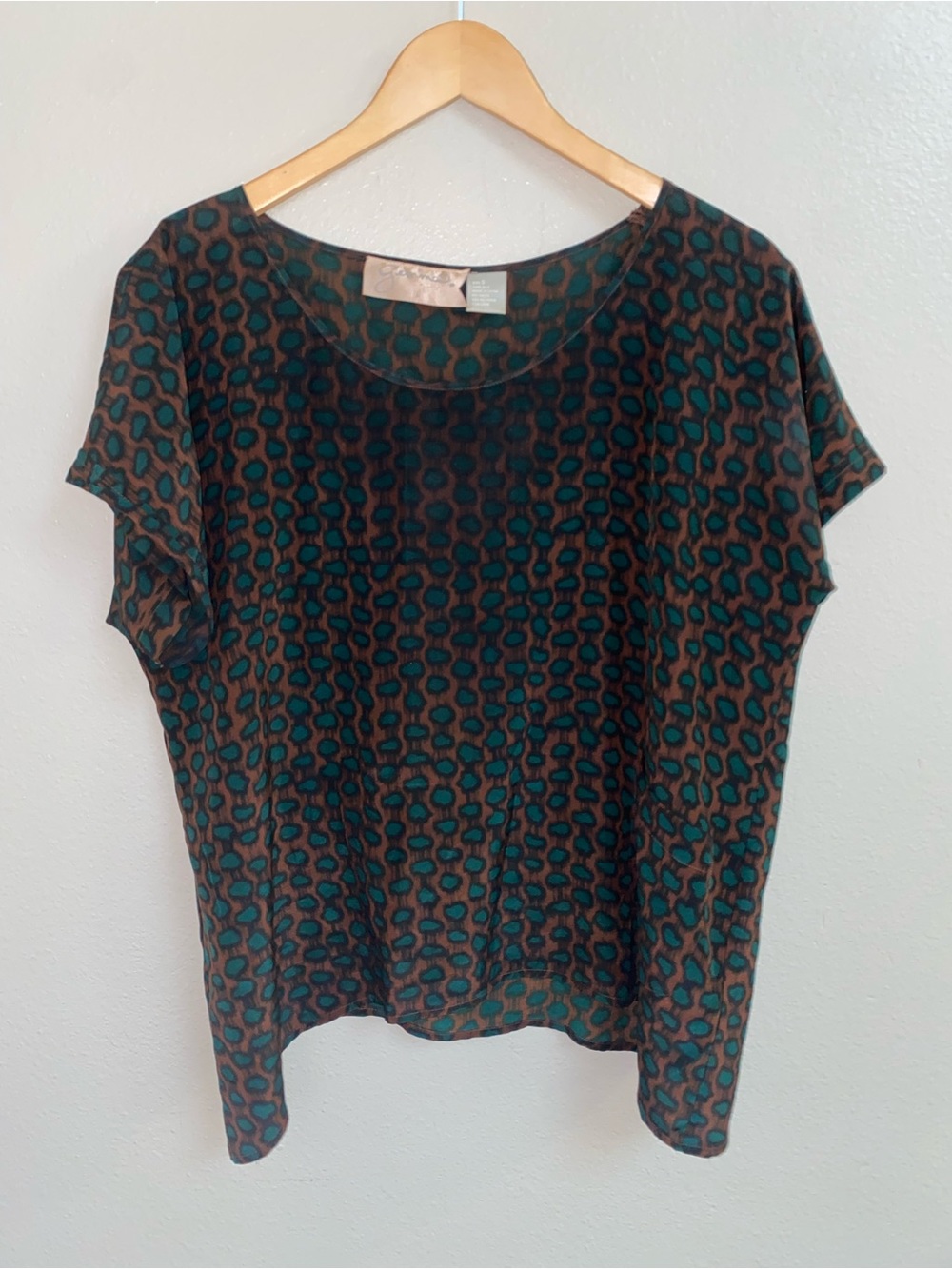 Gemma 100% Silk Brown & Green Leopard Print Short Sleeve Boxy Blouse Small